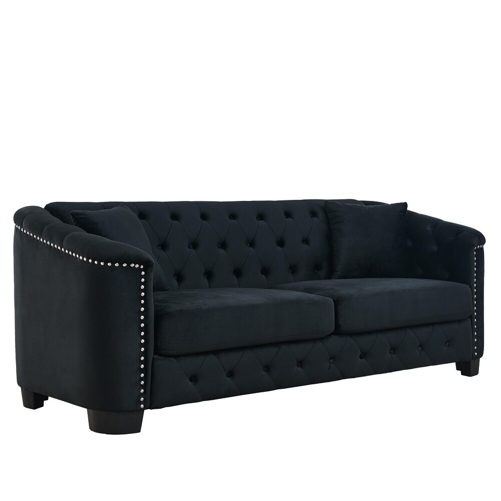 Button Tufted Backrest Sofa 3 Seater Velvet Upholstered Couch with Throw Pillows and Rubber Legs for Living Room Sofa