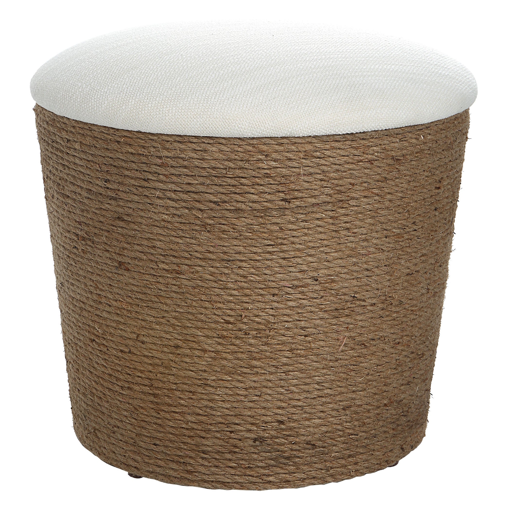 Beige Upholstered Accent Stool with Fiber Rope Base - 18.25