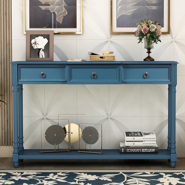 Console Sofa Table with Projecting Drawers and Long Shelf， Antique Navy