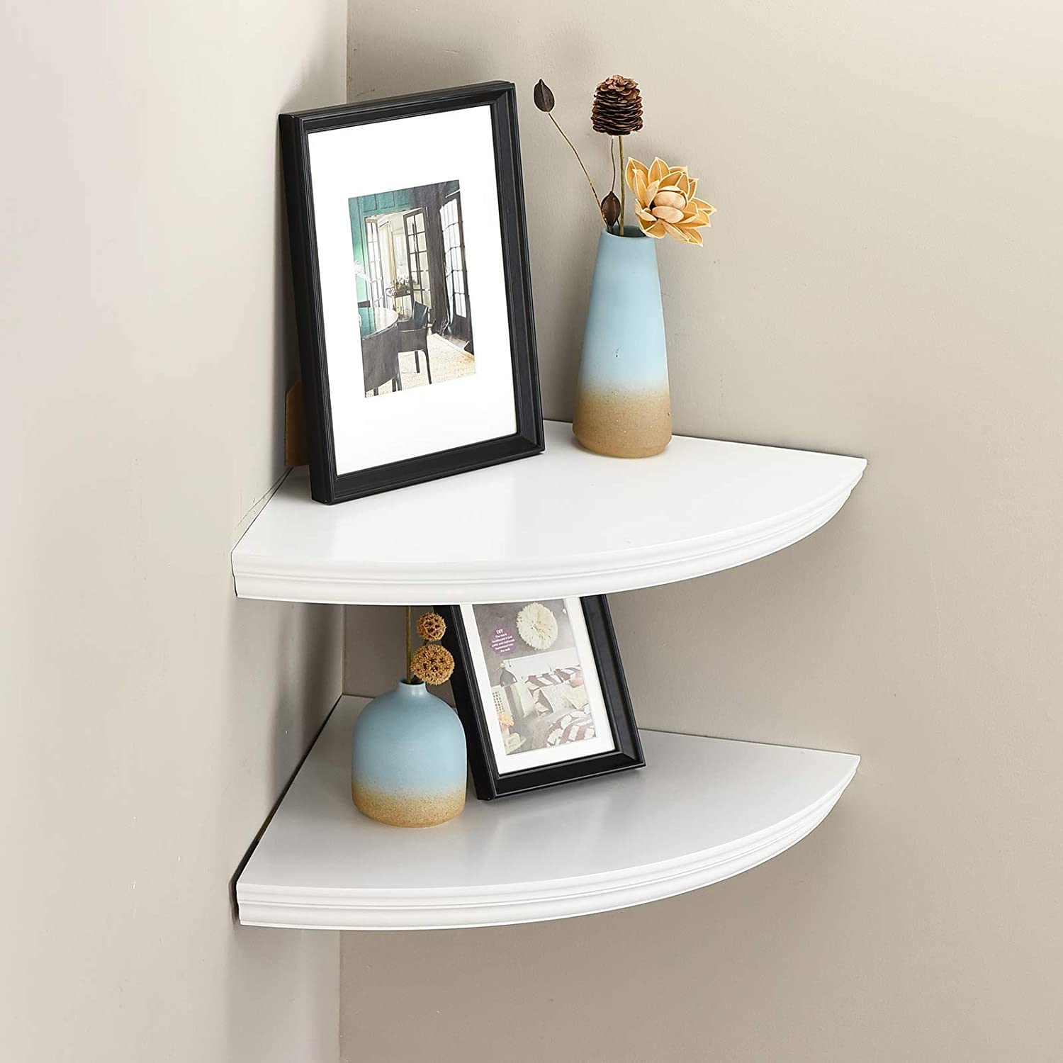 WELLAND Modern Wall Mounted Corner Shelves Corner Display Floating Shelf, Set of 2, White Finish