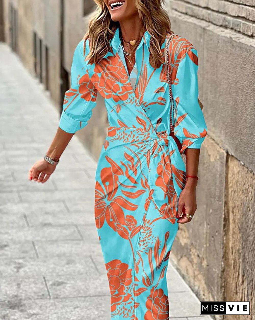 Fashion Print Lapel Shirt Tie Dress