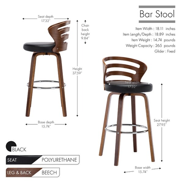 Porthos Home Cora Swivel Bar Stool - Beech Wood Legs and PU Leather Upholstery