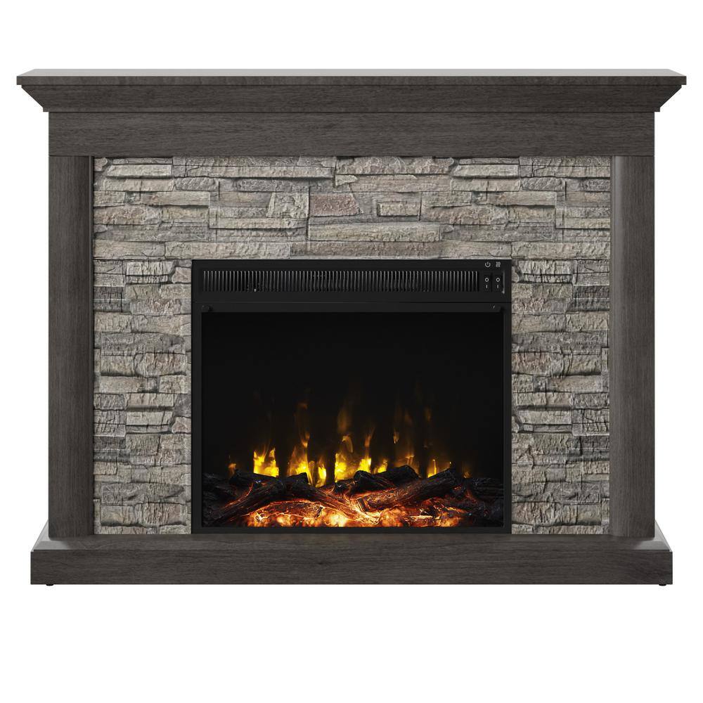 Twin Star Home Rustic 47.38 in. Freestanding Wooden Electric Fireplace with Stacked Stone Look in Weathered Gray 143047