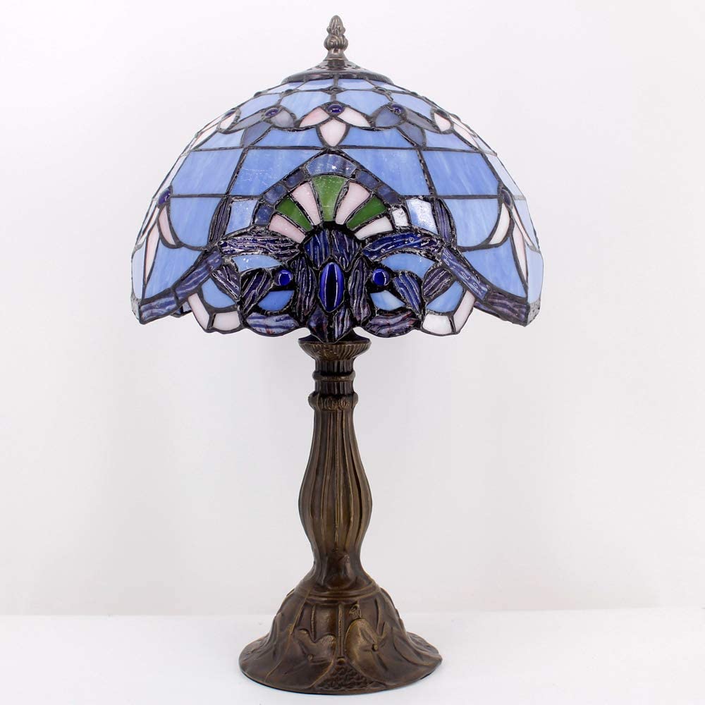 SHADY Tiffany Lamp Stained Glass Table Lamp 12X12X18 Inches Blue  Baroque Style Lavender Bedside Reading Desk Light Decor Bedroom Living Room Home Office S003C Series