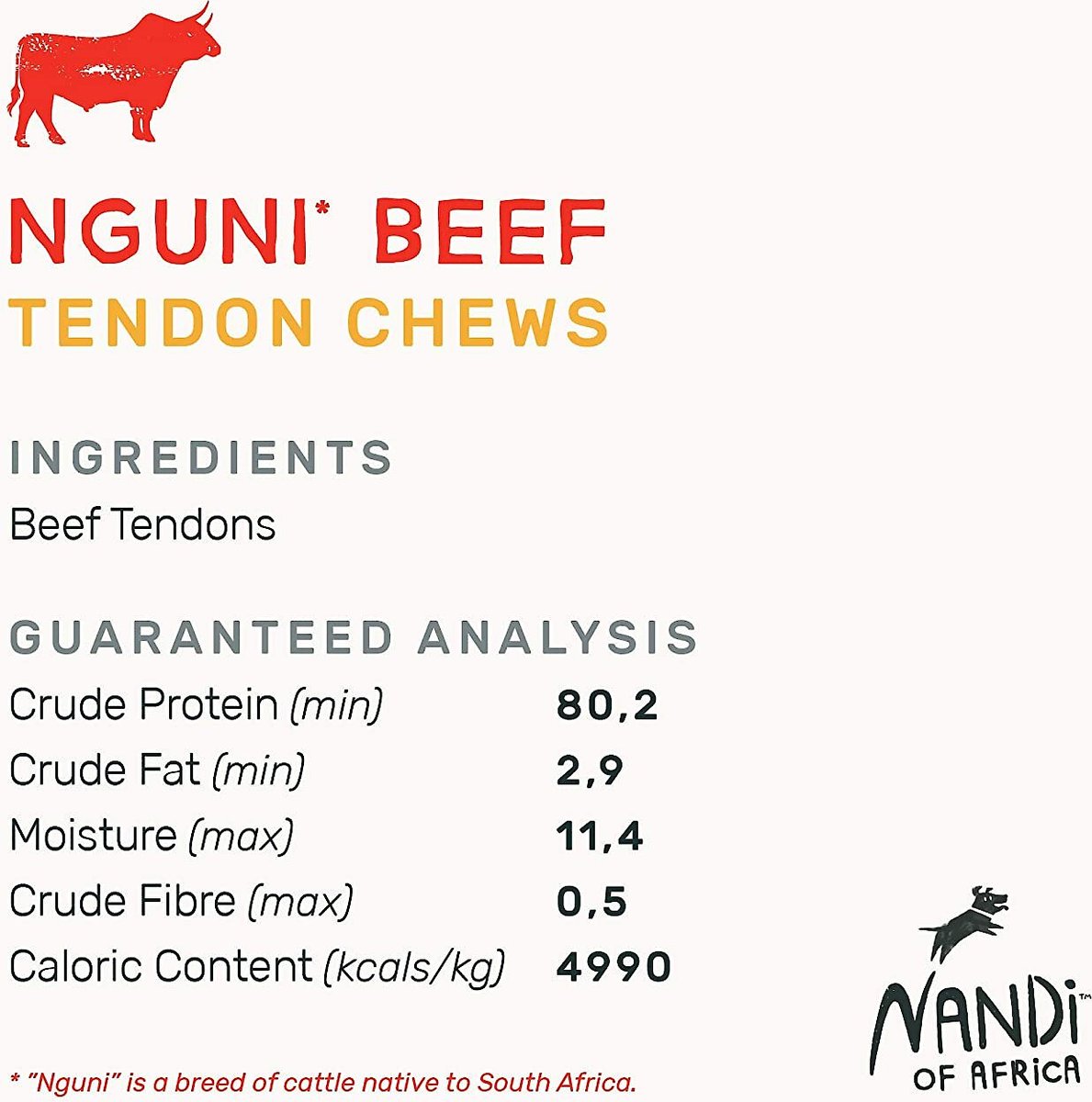 Nandi Nguni Beef Tendon Chews Dog Treats， 3.5-oz bag