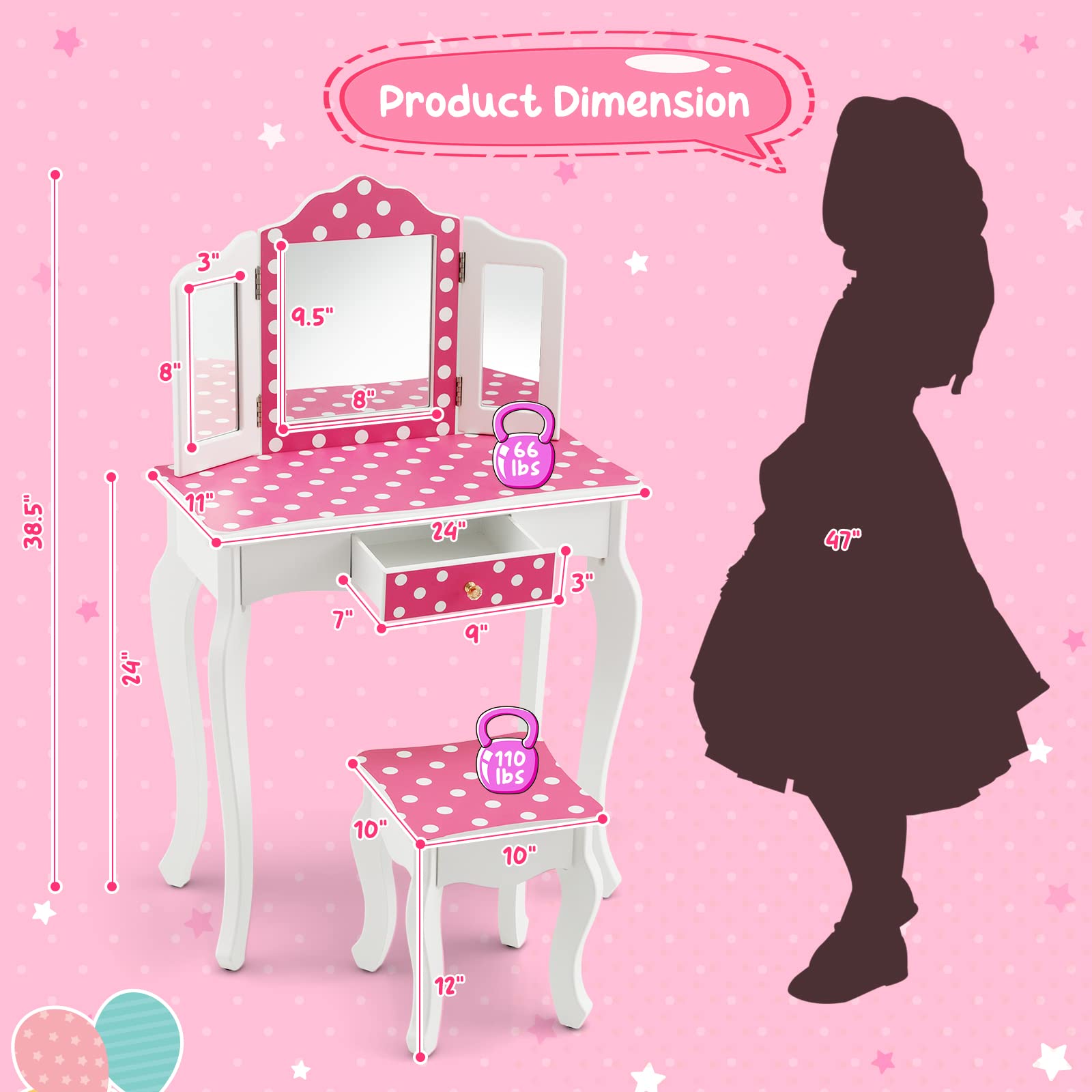 Costzon Kids Vanity Table and Chair Set, Girls Vanity Set with Mirror and Stool, Pretend Play Vanity Set for Little Girls