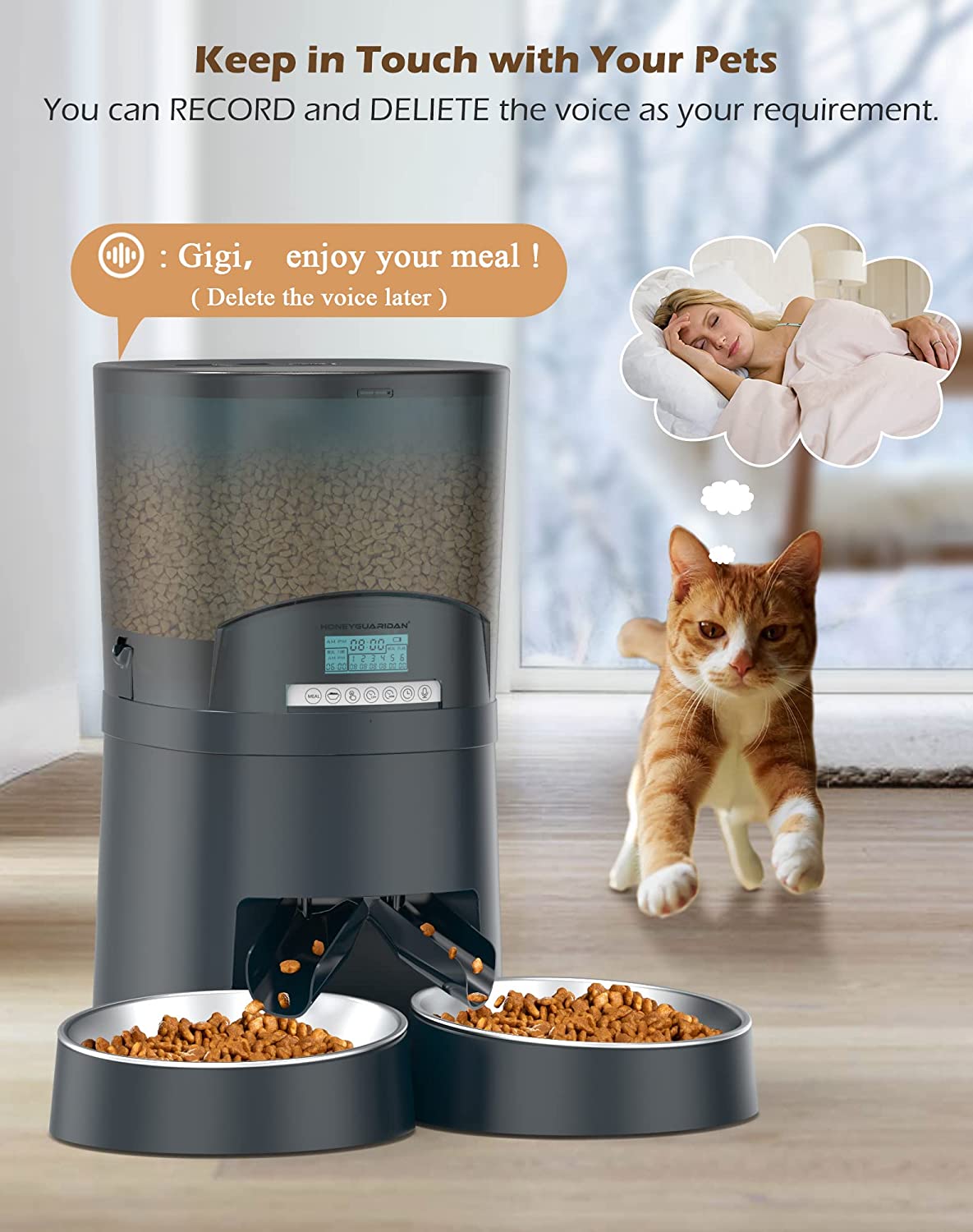 Automatic Cat Feeders 2 Cats 6.5L， 2.4G WiFi Smart Pet Feeder with APP Control for Cats and Dogs Dry Food Dispenser with 2 Stainless Steel Bowl， Desiccant Bag， 10s Voice Recorder