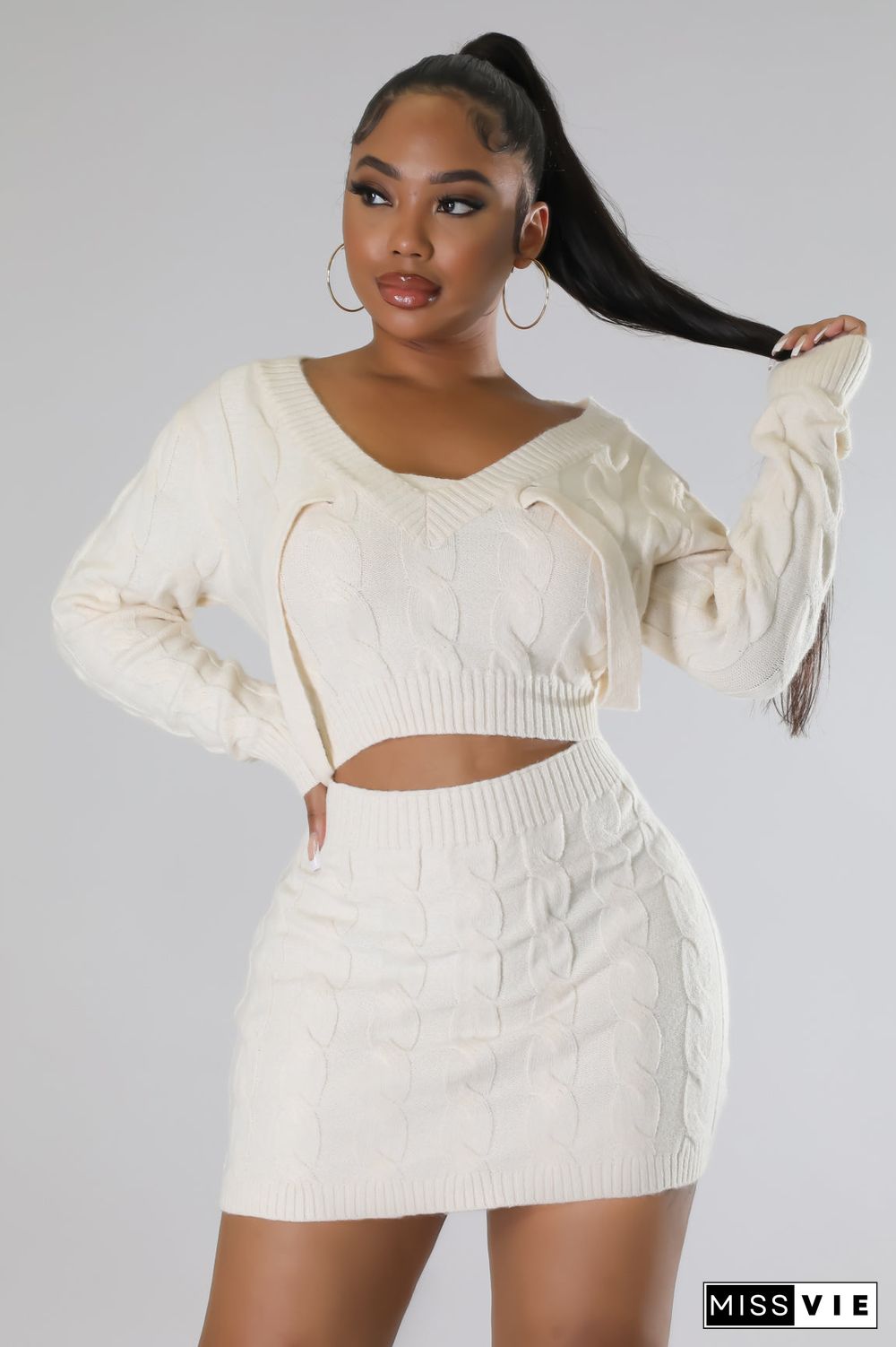 Solid Knitted Sweater Crop Tops Mini Skirt Two Piece Set