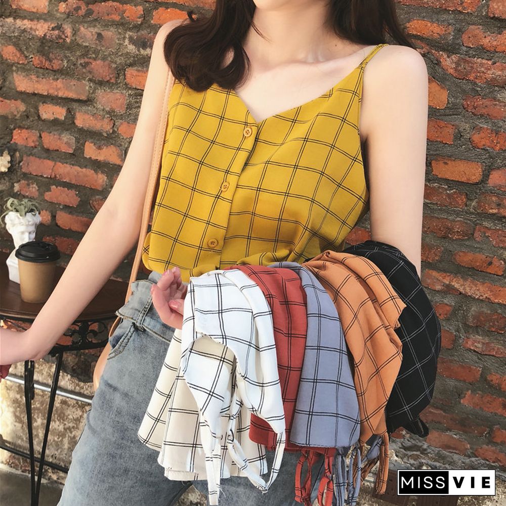 Chiffon Vintage Plaid Small Camisole Women Top Vest Summer Wear Loose Sleeveless Cami Tank Tops Streetwear Casual Female Tee