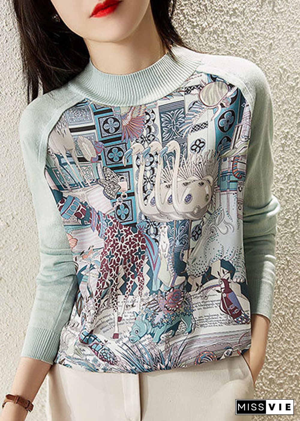 Slim Fit Blue O-Neck Print Chiffon Patchwork Knit Sweatshirt Long Sleeve