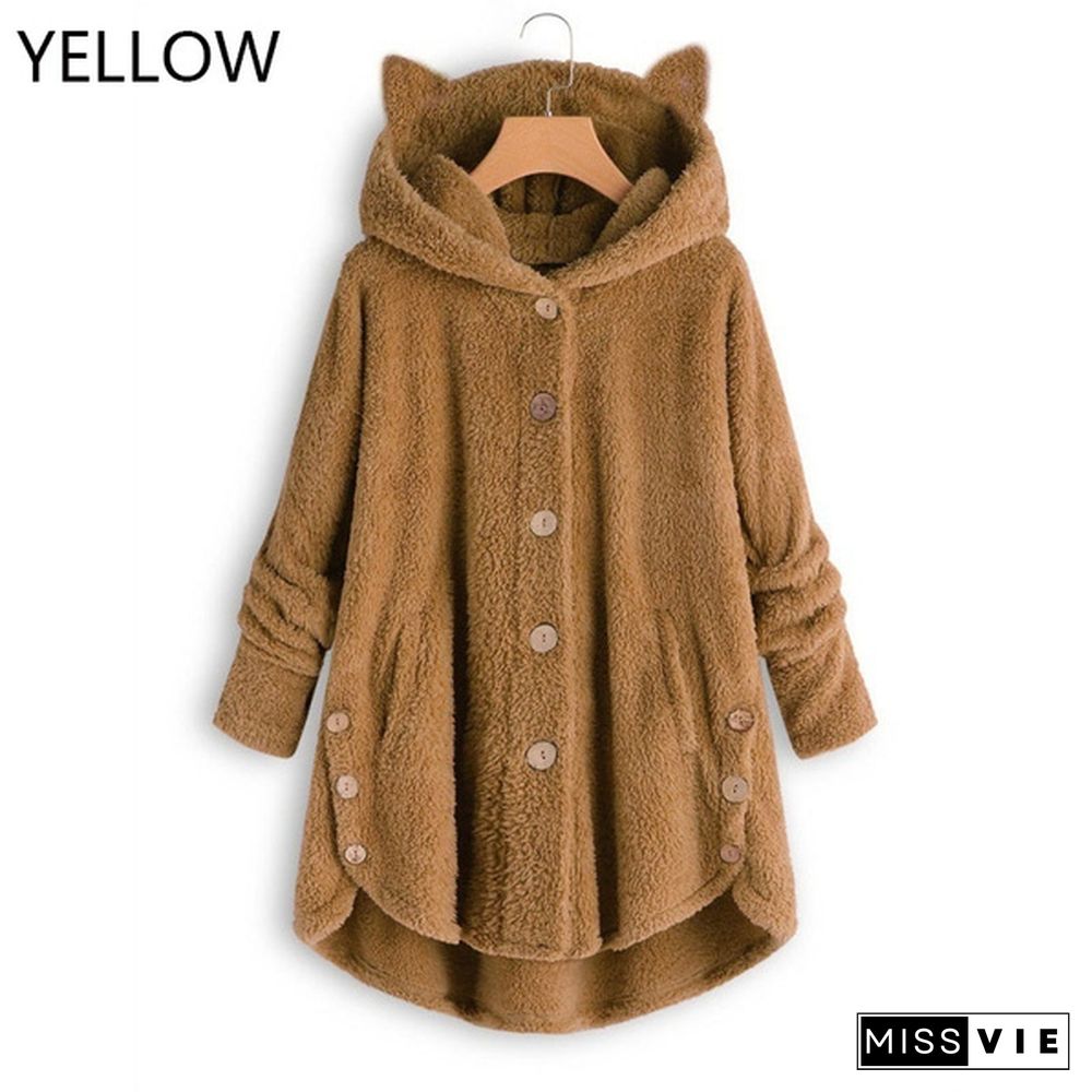 12 Colors Fashion Women Autumn Winter Soft Furry Fleece Hooded Casual Loose Long Coat Jacket Cute Cat Ears Ladies Plush Hoodies Casual Loose Warm Jacket Plus Size S-5Xl