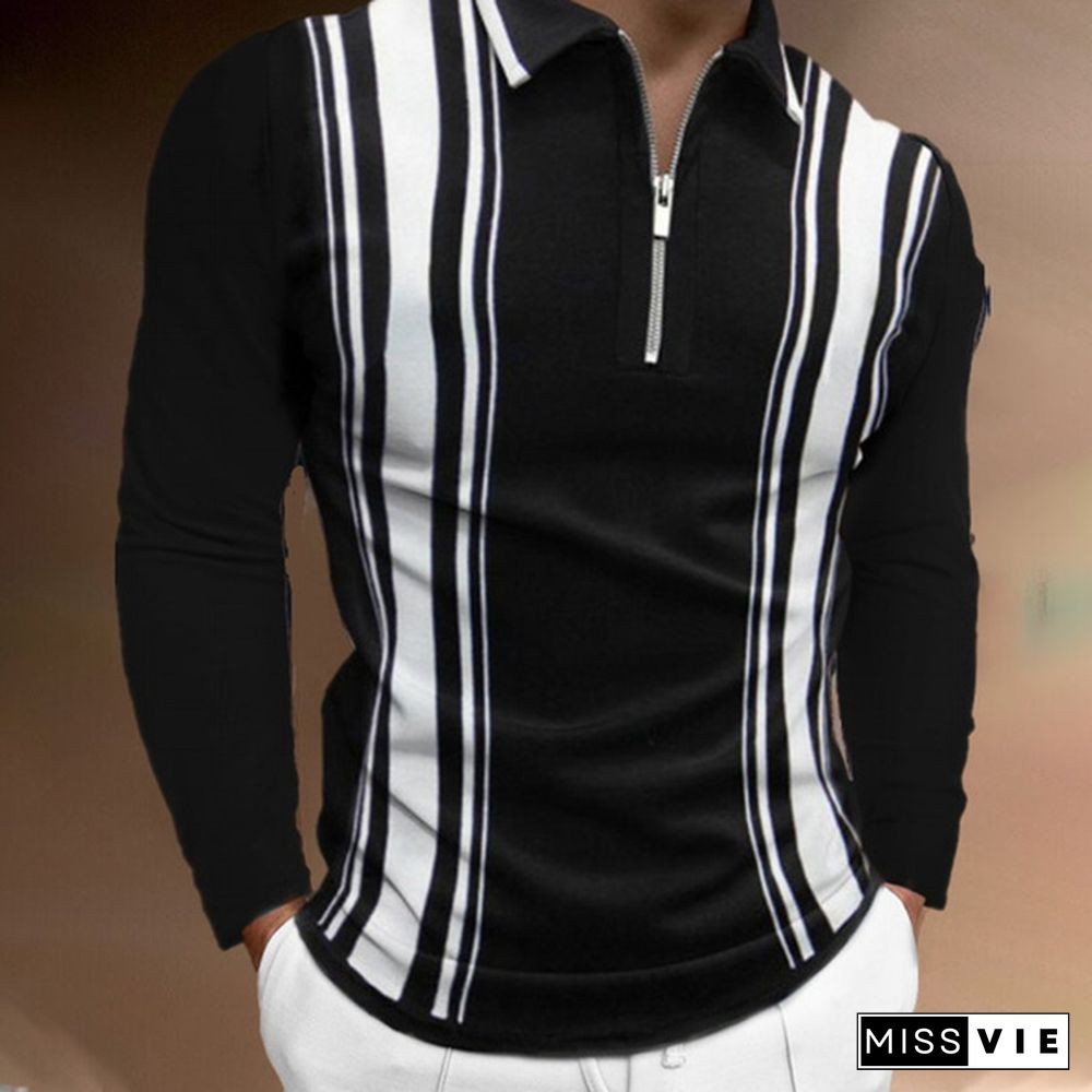 Fashion Men's Lapel Polo Shirt Striped Print T-shirt Casual Zip Long Sleeve T-Shirt