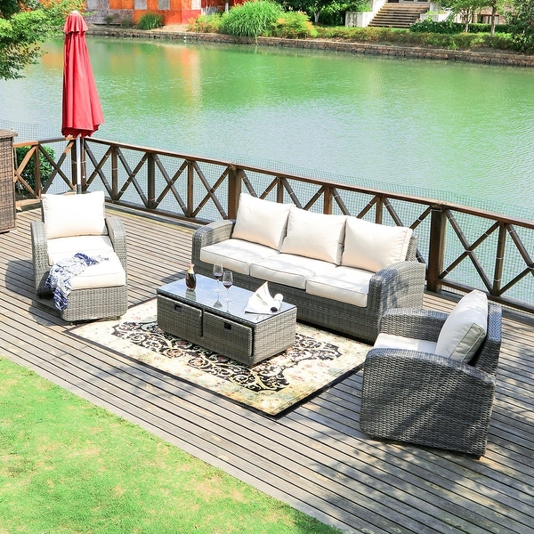 5piece Wicker Patio Chat Set with Drawer Table by None