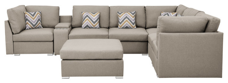 Amira Beige Fabric Reversible Sectional Sofa with USB Storage Console Cupholders   Contemporary   Sectional Sofas   by Morning Design Group  Inc  Houzz