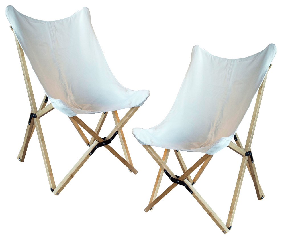 Canvas And Bamboo Butterfly Chair   White   2 Piece Set   Midcentury   Folding Chairs And Stools   by VirVentures  Houzz