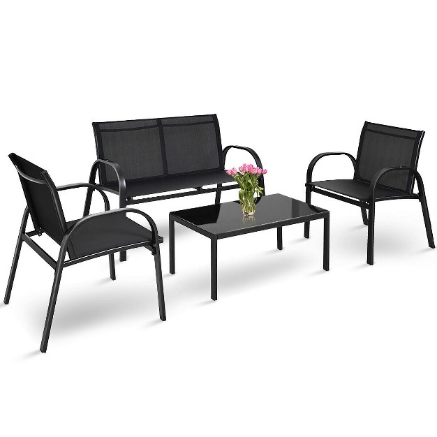 Costway 4 Pcs Patio Furniture Set Sofa Coffee Table Steel Frame Garden Deck Black