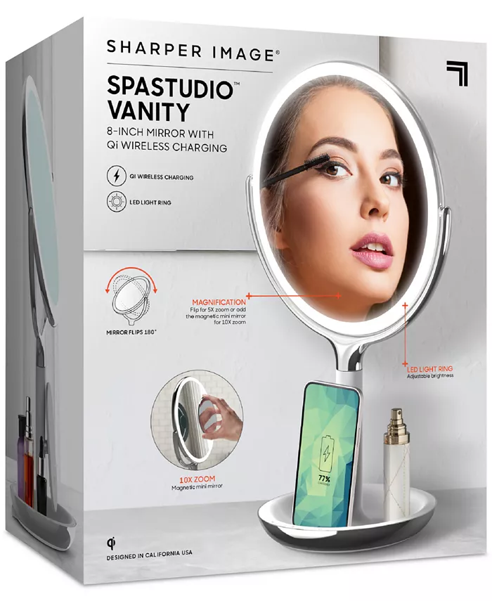 Sharper Image SpaStudio Vanity 8-inch Mirror with Built-In Qi Wireless Phone Charger  5X and 10X Magnification