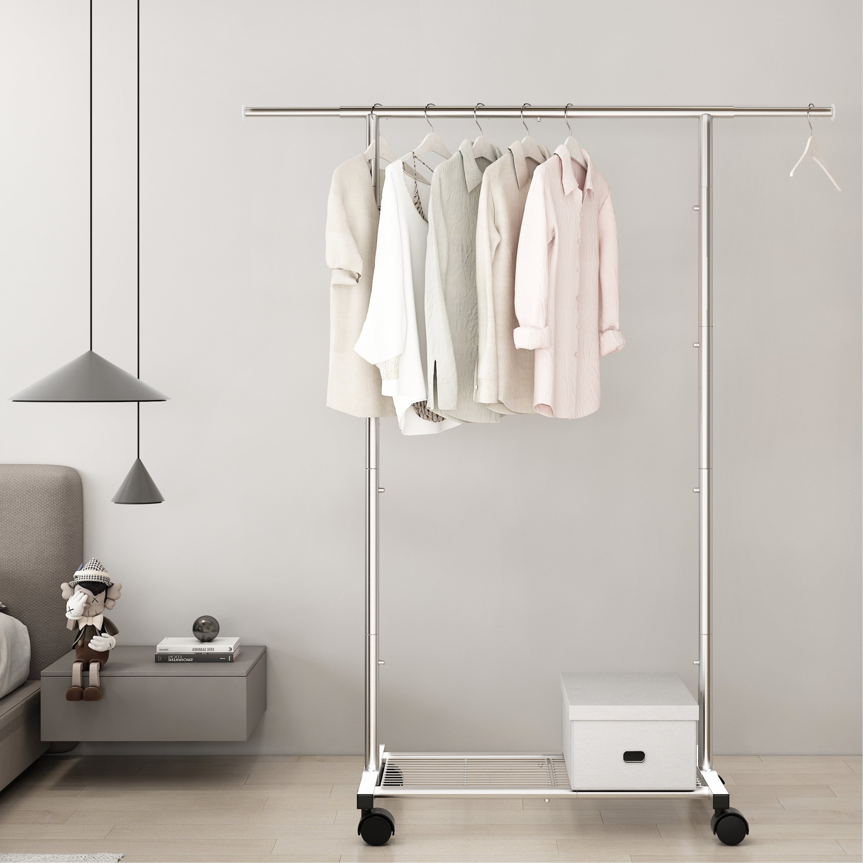 Simple Trending Clothing Garment Rack with Wheels and Bottom Shelves, Extendable, Chrome