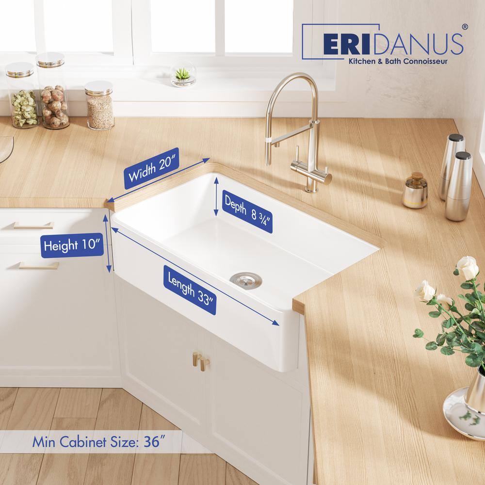 Eridanus Denbigh Crisp White Fireclay 33 in. Single Bowl Farmhouse Apron Kitchen Sink with Bottom Grid and Basket Strainer ERI-FS-105