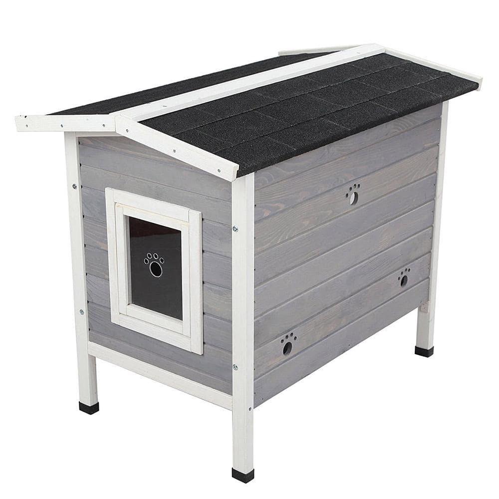 Grey Solid Wood Cat House Larger Design for 3 Adult Outdoor Cats Weatherproof CATTHHHHOUS-1