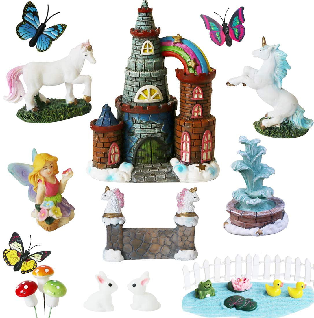 Unicorn Figurines Fairy Garden Accessories Miniature Unicorn Gift Set Outdoor Garden Decoration Fairy Figurines Castle Fountain Girl Birthday Gifts (Set of 23)