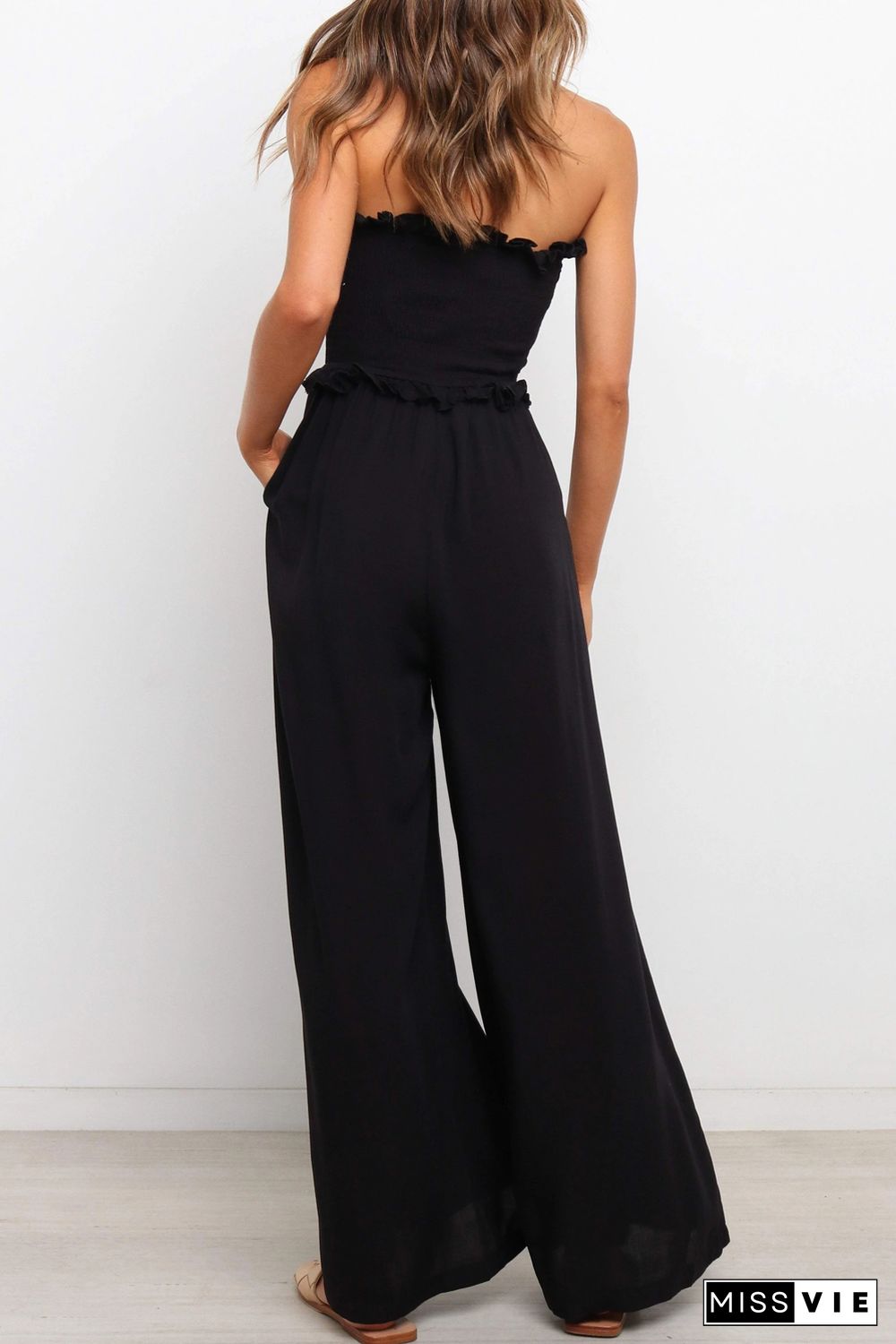 Black Smocked Bandeau Wide Leg Jumpsuit