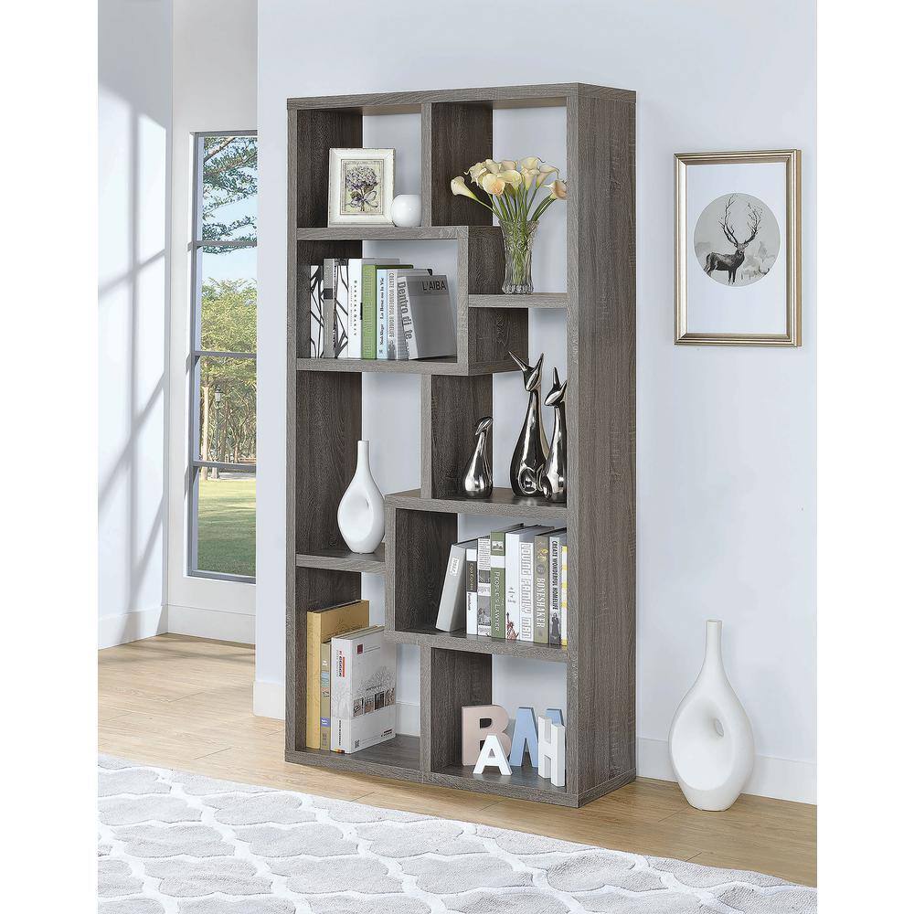 Coaster 71.88 in. Weathered Gray Wood 8-shelf Etagere Bookcase with Open Back 800510