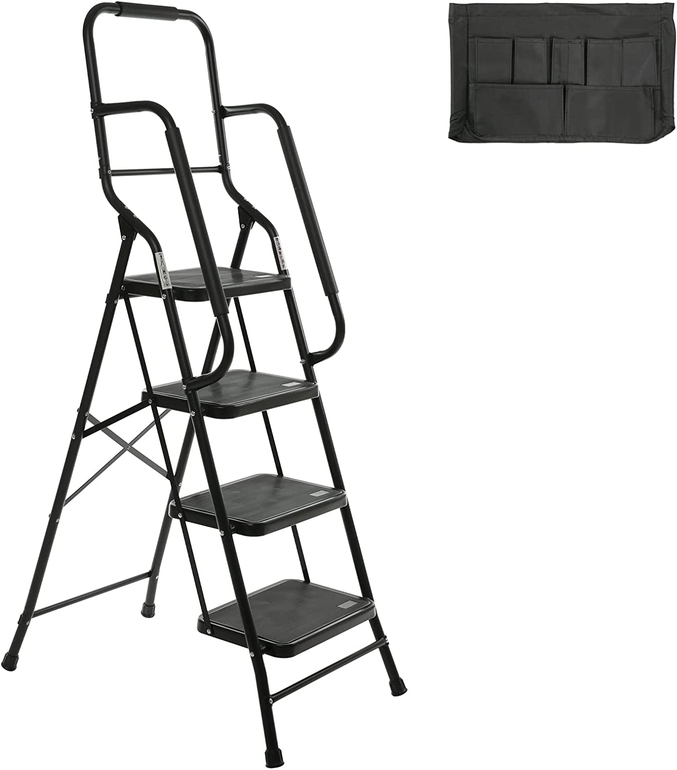 Usinso 4 Step Ladder Tool Ladder Folding Portable Steel Frame MAX 500 lbs Non-Slip Side armrests Large Area Pedals Detachable ToolBag Suitable for Home Office Engineering（Black）