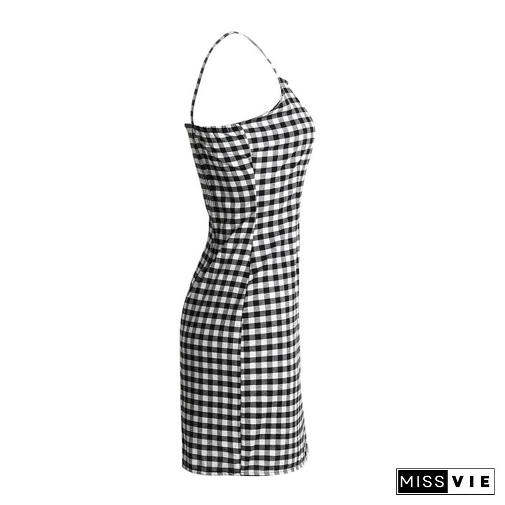 Retro Plaid Straight Neck Gingham Bodycon Dress