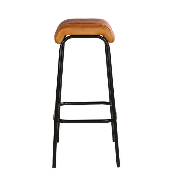 31 Inch Modern Bar Stool， Genuine Leather Seat， Iron Frame， Channel Stitched， Tan Brown， Black