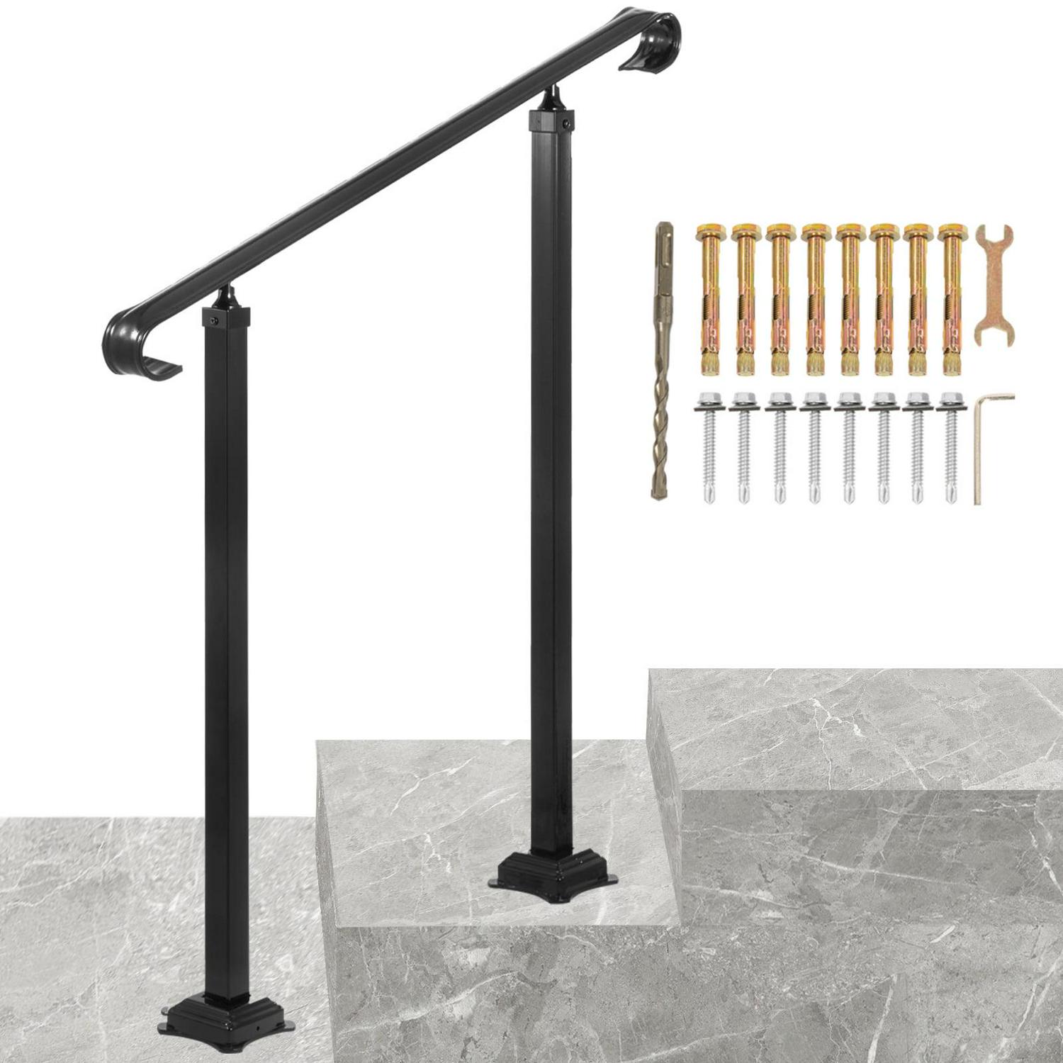 VEVORbrand Handrail for Stairs Fit 1 or 2 Steps Wrought Iron Handrail，Outdoor Stair Railing， Height Adjustable Front Porch Hand Rail， Black