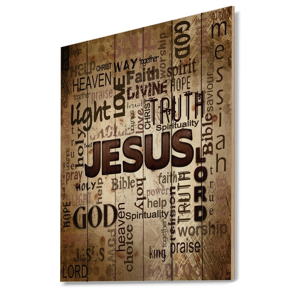 Designart 'Jesus' word cloud in grunge background' Religious Contemporary Print on Natural Pine Wood   Brown