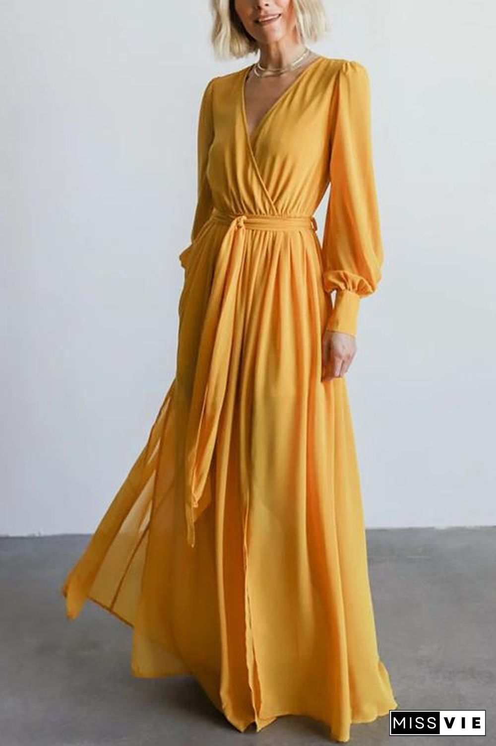 Button Puff Sleeve Belted Maxi Dress