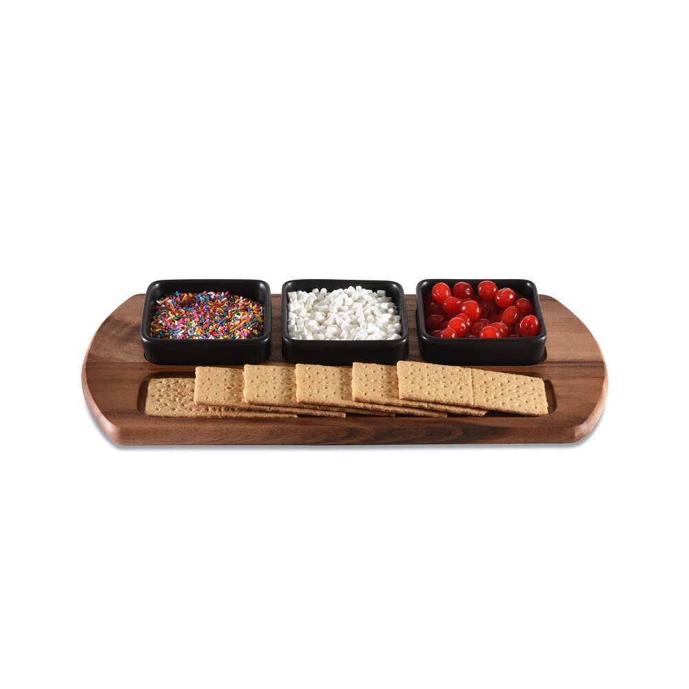 Charcuterie/ Serving Tray w/ 3 black square ceramic bowls