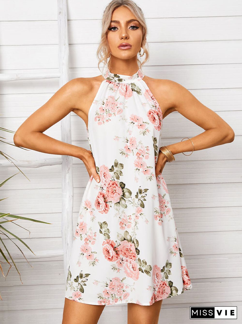 Flower Print Halter Sleeveless Bohemian Tie Dress For Women