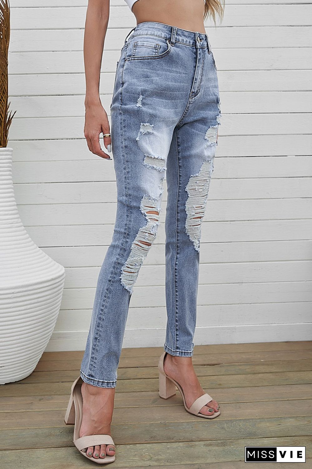 Sky Blue High Waist Distressed Skinny Jeans