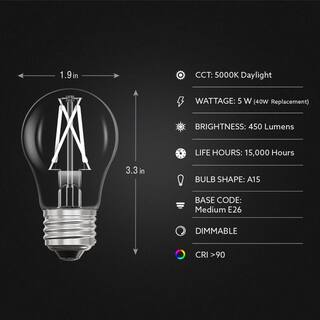 Feit Electric 40-Watt Equivalent A15 Dimmable White Filament CEC Clear Glass LED Ceiling Fan Light Bulb Daylight 5000K (2-Pack) A1540950CAWFILHDRP2