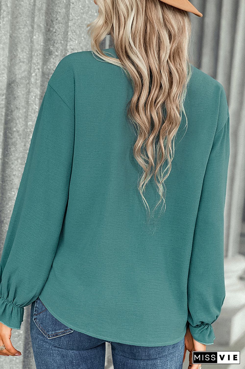 V Neck Button Down Ruffle Sleeves Long Sleeves Blouse