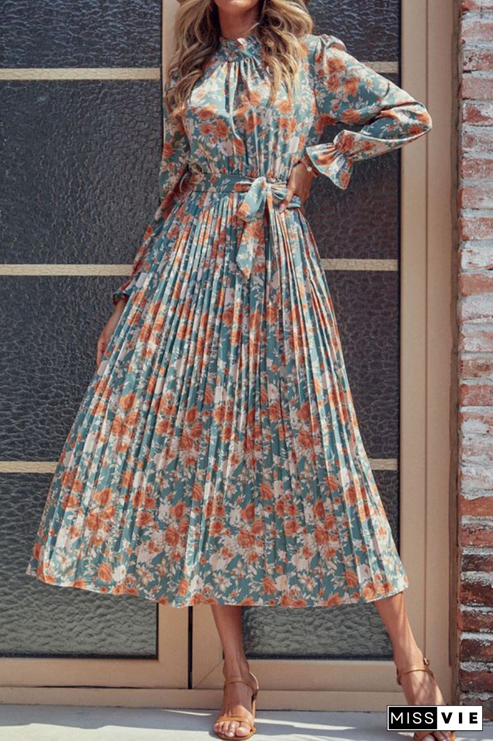 Floral Print Frilled High Waist with Belt Long Sleeves Dress