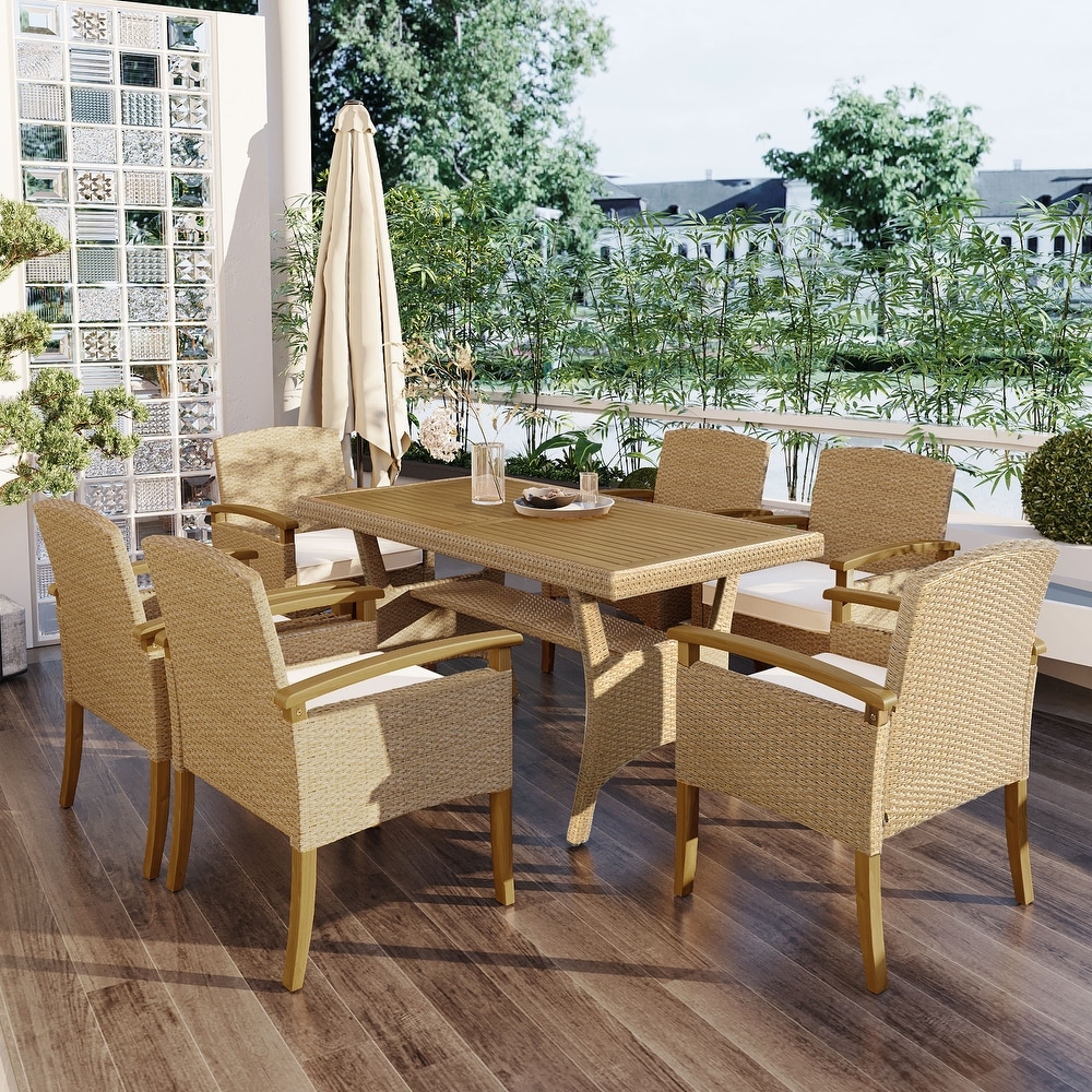 Outdoor Patio 7PCS Dining Table Set  Weather PE Rattan Dining Set with Wood Tabletop and 6 Cushions Brown