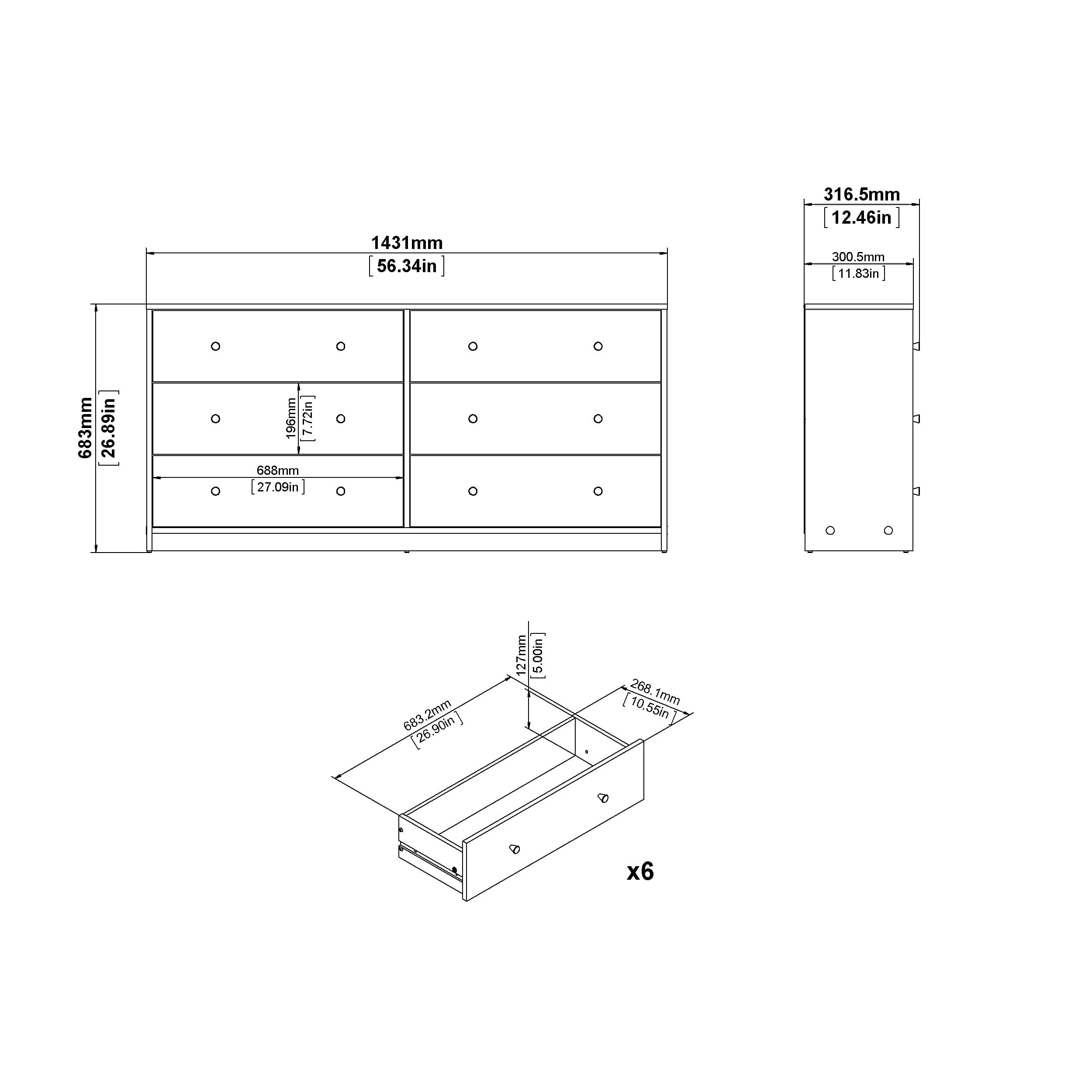 Studio 6 Drawer Double Dresser, White