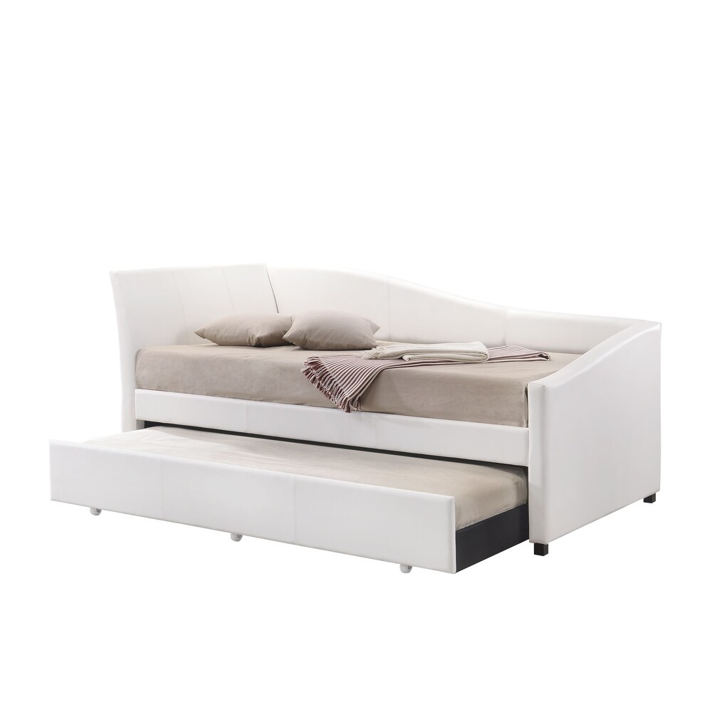 Jedda Upholstered Twin Daybed with Trundle  Sloped Back Side Panel  White PU