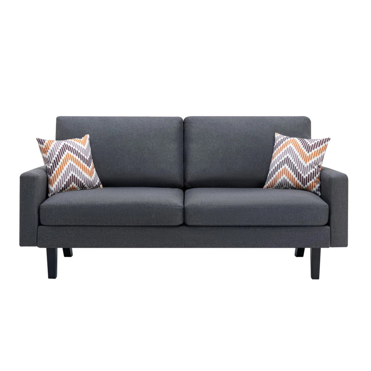 Gala Sofa, Smooth Dark Gray Linen Fabric, 2 Pillows, Black Solid Wood Frame- Saltoro Sherpi