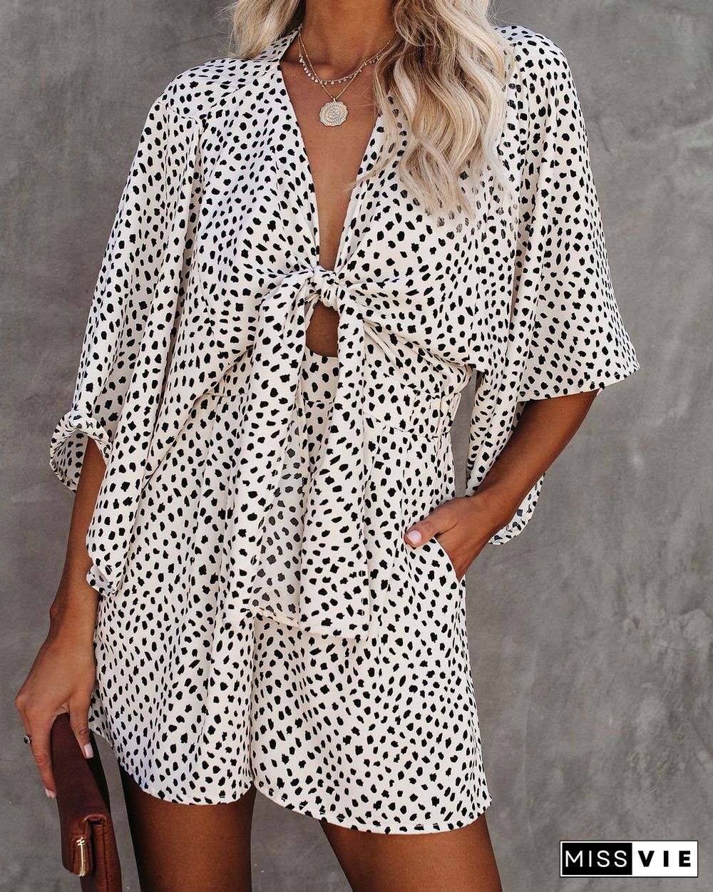 Casual Deep V Neck Front Tie Loose Mini Jumpsuit