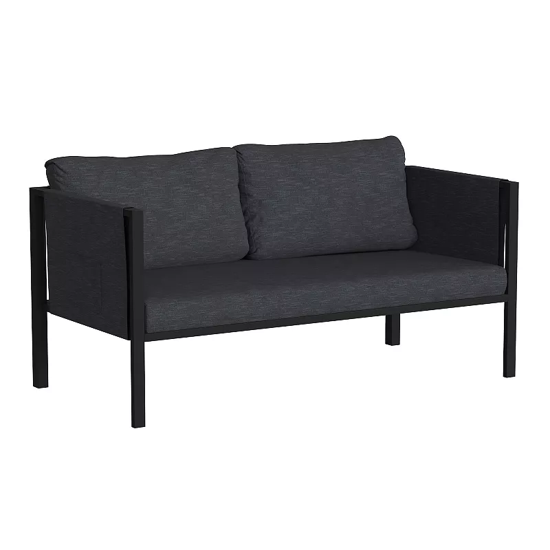 Merrick Lane Cape Cod Outdoor Love Seat/Sofa With Removable Charcoal Fabric Cushions And Black Steel Frame