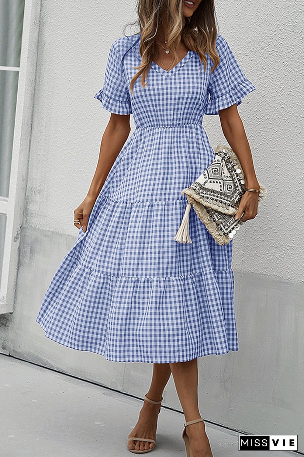 Plaid V-neck Short Sleeve Long Dress Wholesale