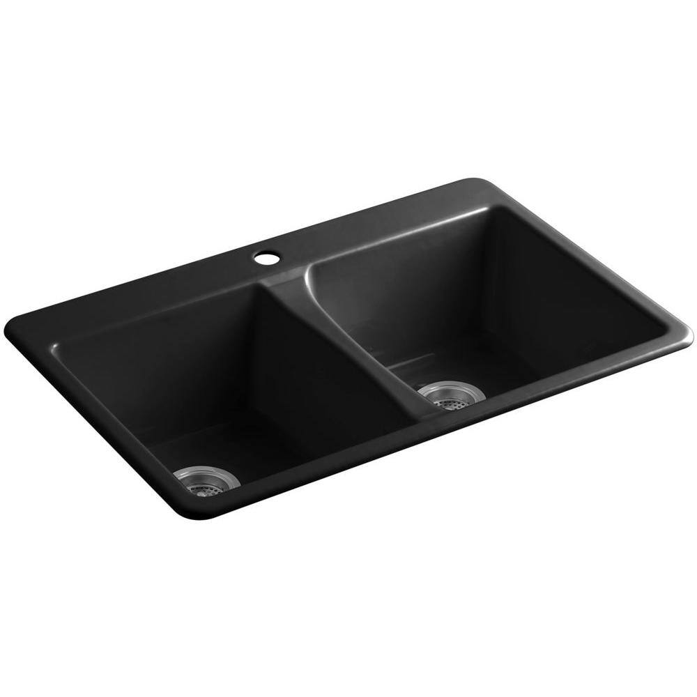 KOHLER Deerfield Drop-In Cast Iron 33 in. 1-Hole Double Bowl Kitchen Sink in Black Black K-5873-1-7