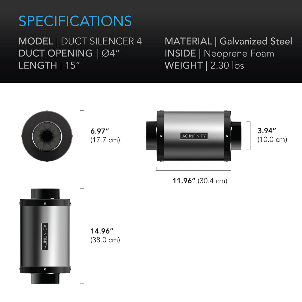 AC Infinity Inline Duct Fan Silencer， 4” Noise Reduction Muffler Blower Silencer for Indoor Hydroponics Grow Tent Ventilation Systems