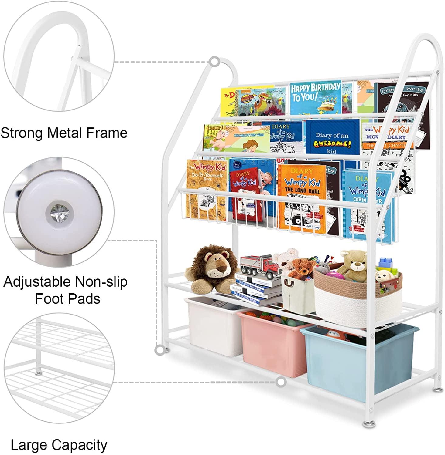 Metal Kids Bookshelf Freestanding,Book Organizer for Kids,Bookcase Rack 24in Bookshelf with 2 Tier Children's Toys Display Storage Organizer Shelves(5-tier/24in,White)