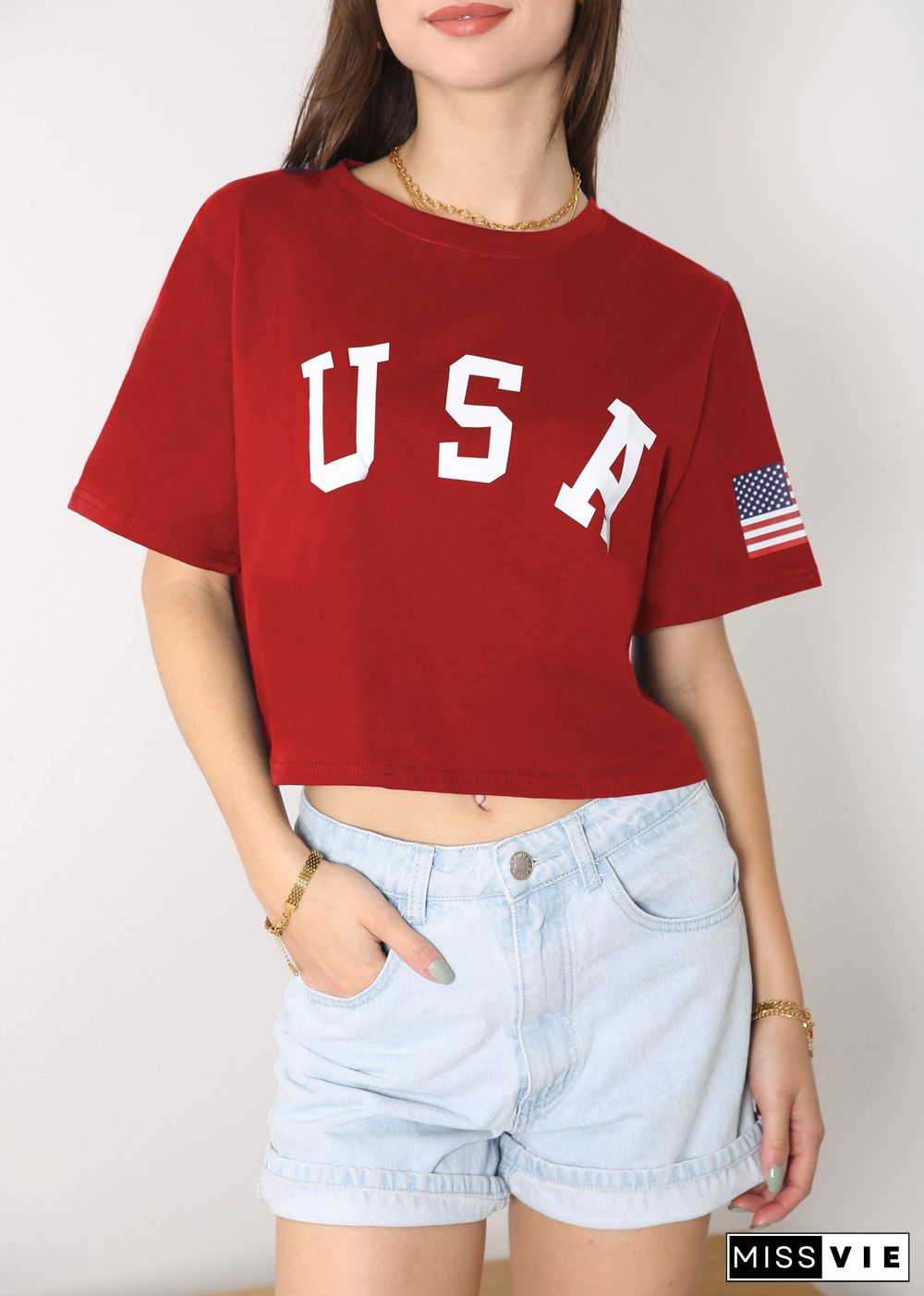 Anna-Kaci Women's Letter Print Crop Top Short Sleeve July 4th USA Flag T-Shirt